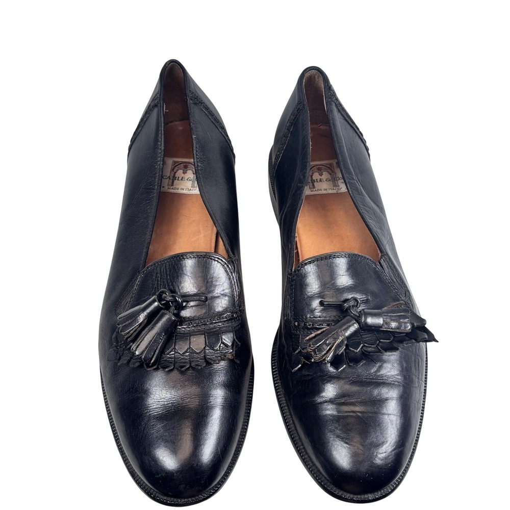 VTG Made ITALY Tassel Kiltie Loafers 10 Black Leather Preppy Academia Cable & Co